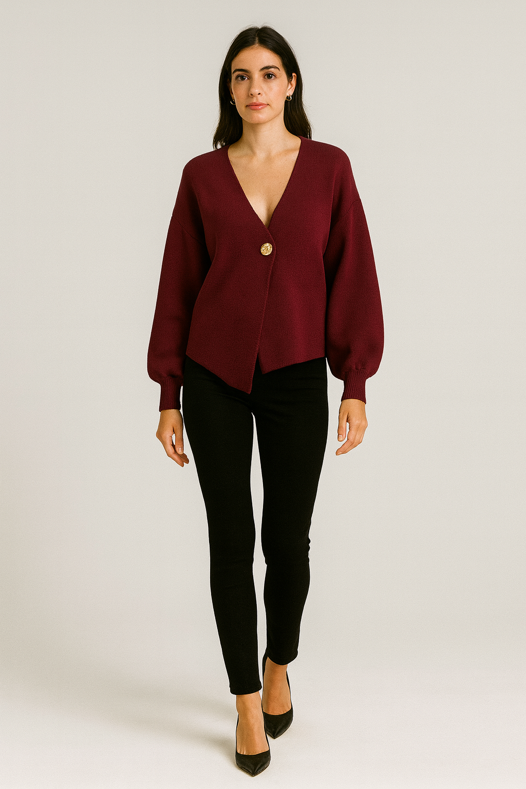 Golden Button Detailed, Viscose & Nylon Knitted Cardigan