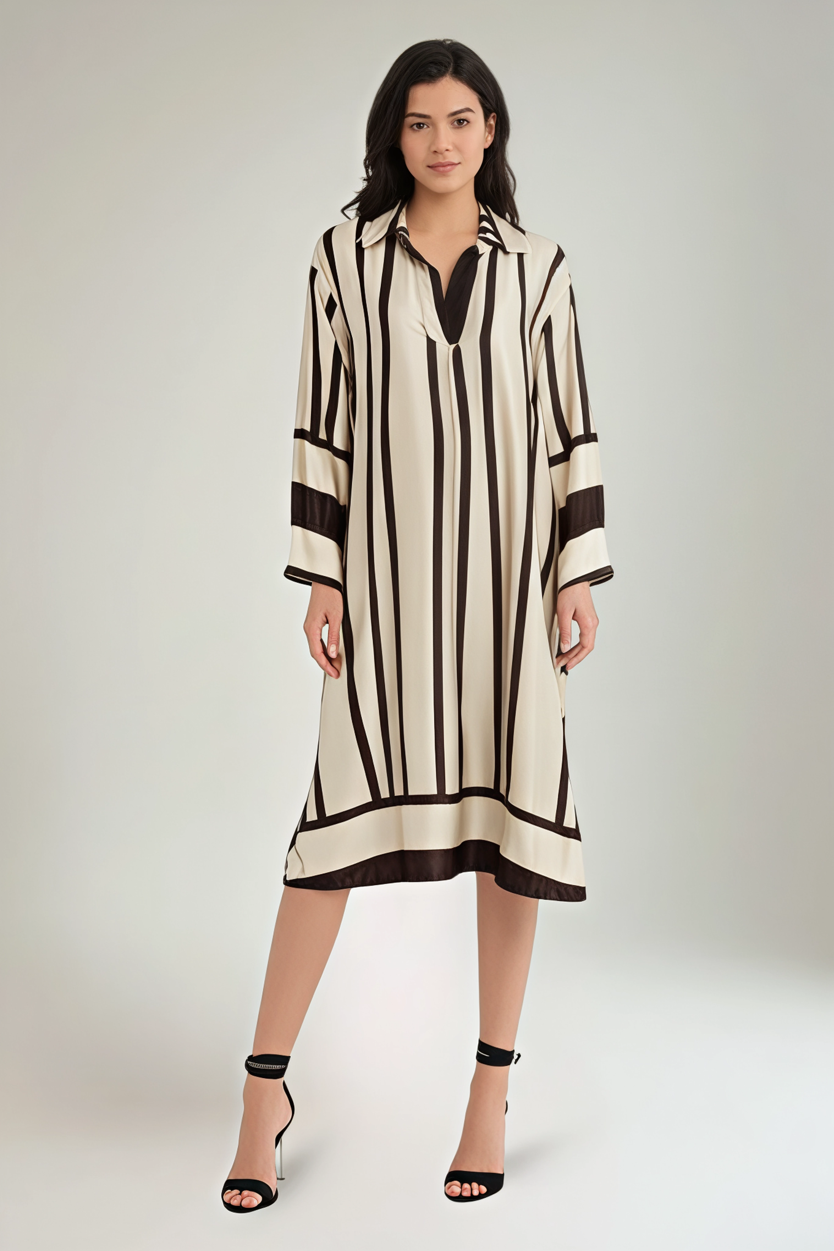 Collared, V-Neck, Two Pocket Satin Dress.