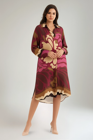 Collared, V-Neck, Two Pocket Printed Satin Dress.