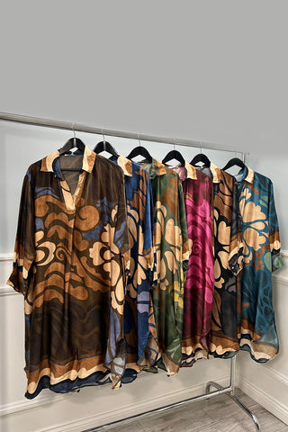 Collared, V-Neck, Two Pocket Printed Satin Dress.