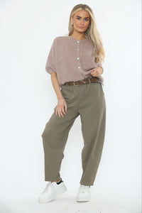 Elasticated Waist, Belt Detailed, Two Pocket Stretchy Trouser.