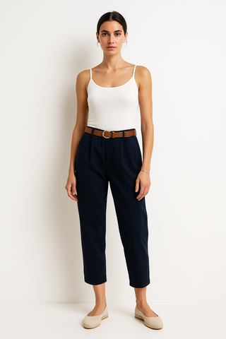 Elasticated Waist, Belt Detailed, Two Pocket Stretchy Trouser.