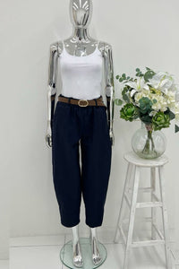 Elasticated Waist, Belt Detailed, Two Pocket Stretchy Trouser.