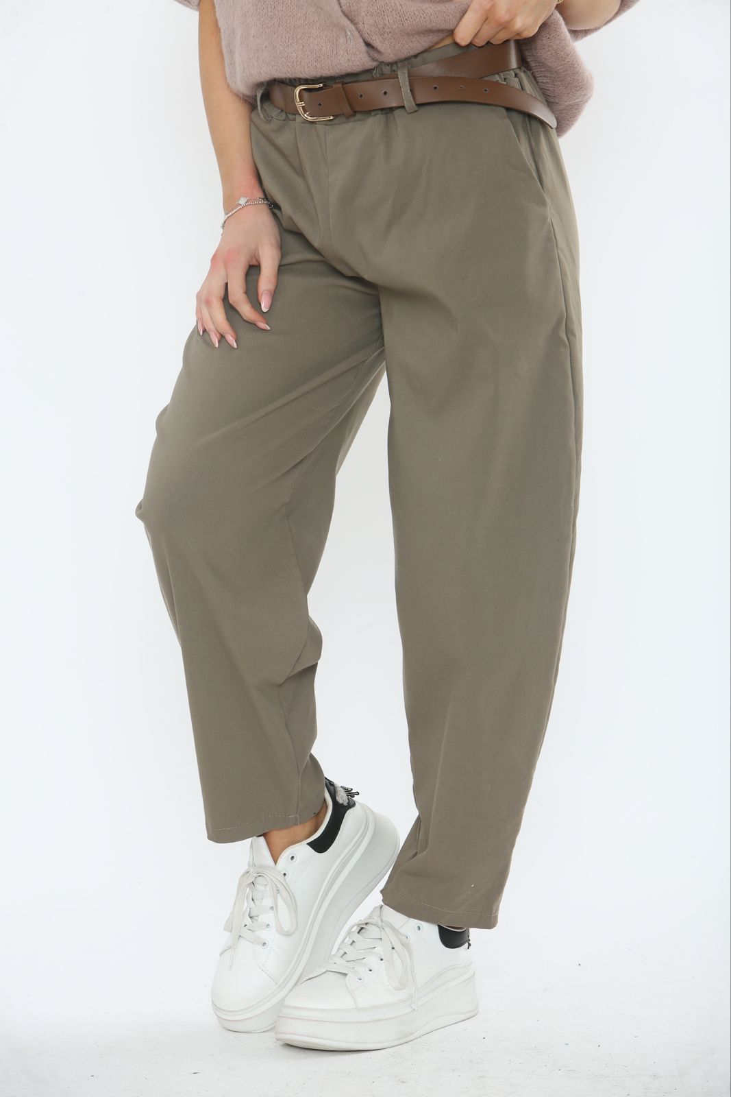 Elasticated Waist, Belt Detailed, Two Pocket Stretchy Trouser.