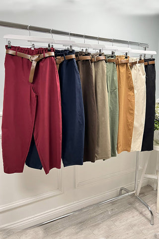 Elasticated Waist, Belt Detailed, Two Pocket Stretchy Trouser.