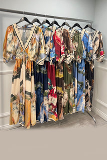 Abstract Print Bohemian Maxi Dress, Designed with a deep V-neckline, gathered bust detail