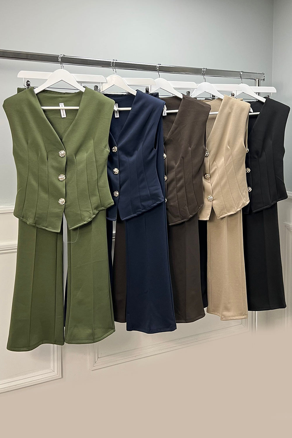 V-Neck, Golden Button Through, Padded Shoulder Detailed, Elasticated Waist, Flared Two Piece Waistcoat Set.