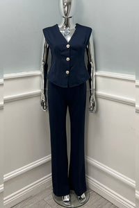 V-Neck, Golden Button Through, Padded Shoulder Detailed, Elasticated Waist, Flared Two Piece Waistcoat Set.