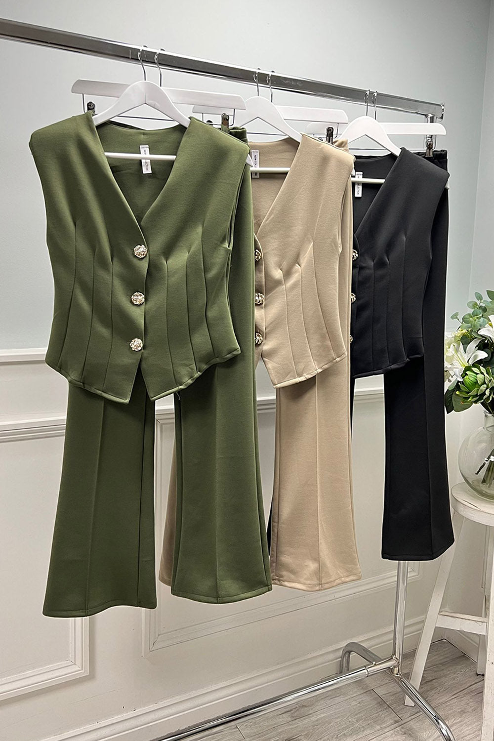 V-Neck, Golden Button Through, Padded Shoulder Detailed, Elasticated Waist, Flared Two Piece Waistcoat Set.