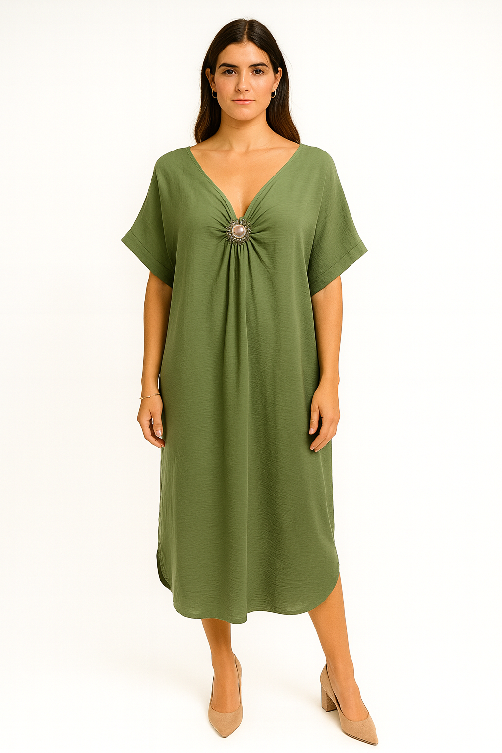 Midi Dress – Elegant V-Neck with Jewel Accent