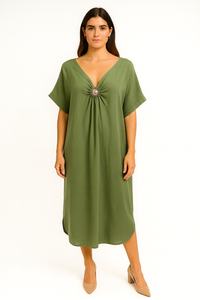 Midi Dress – Elegant V-Neck with Jewel Accent