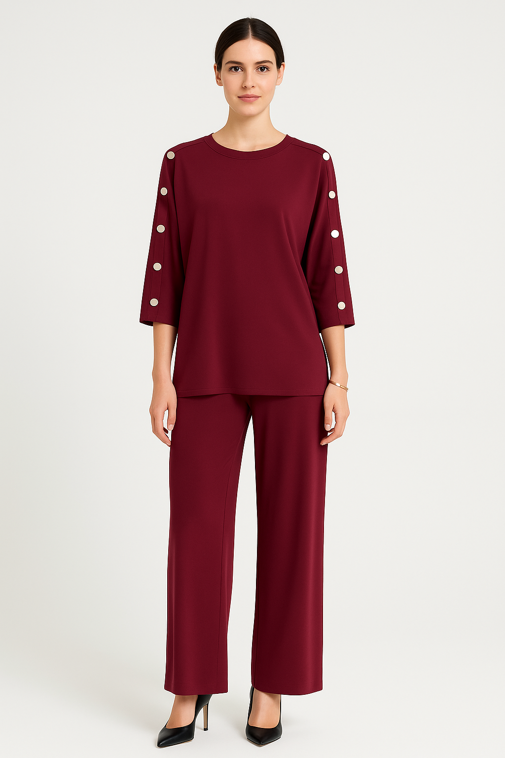 Wide-legged relaxed-fit Co-Ords  featuring button detailing along the sleeves