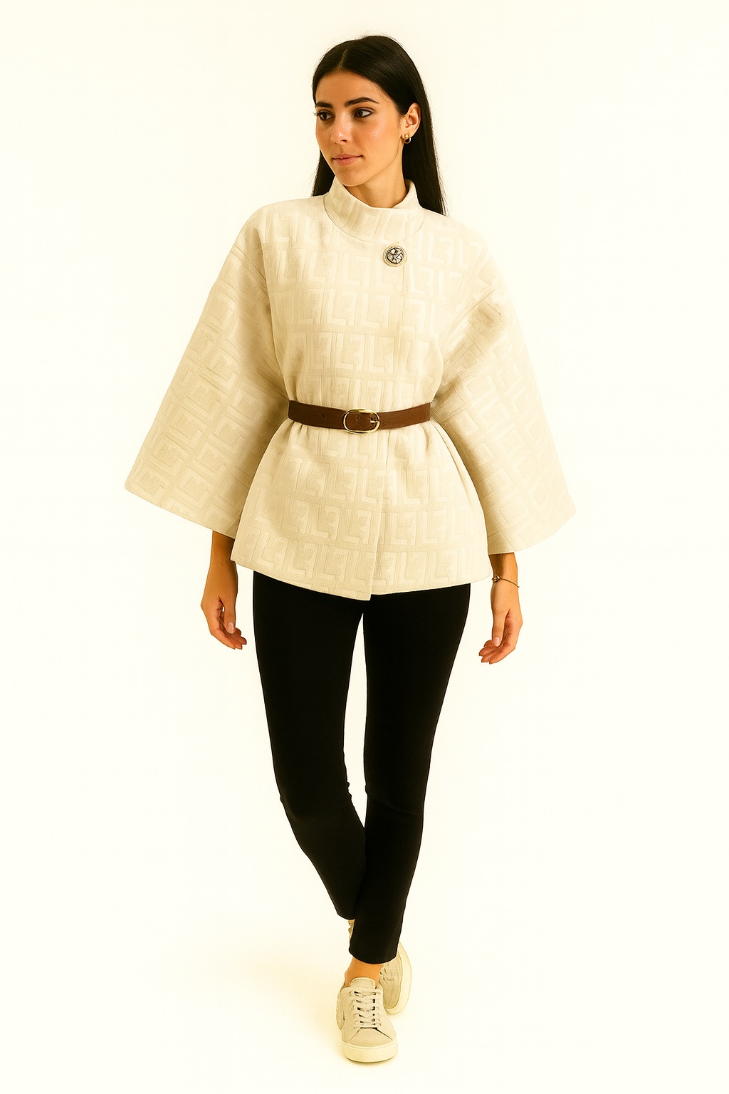 cape-style jacket with a subtle embossed pattern & high, stand-up collar