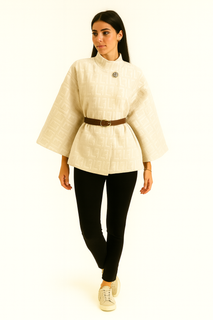 cape-style jacket with a subtle embossed pattern & high, stand-up collar