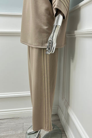 Round Neck, Lurex Stripe Detailed, Elasticated Waist, Drawstring Detailed, Wide Leg Two Piece Set