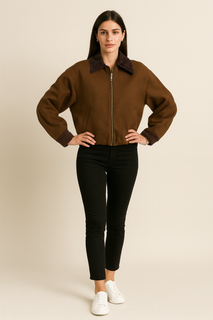 Corduroy Collar Bomber Jacket With Zip-up closure & Side welt pockets