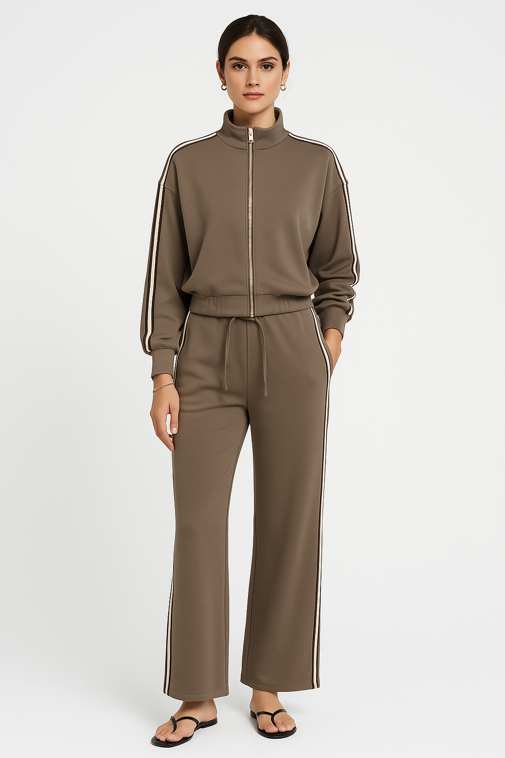 High Neck, Zip Through, Elasticated Cuff & Hem, Elasticated Waist, Drawstring & Stipe Detailed, Wide Leg Two Piece Set