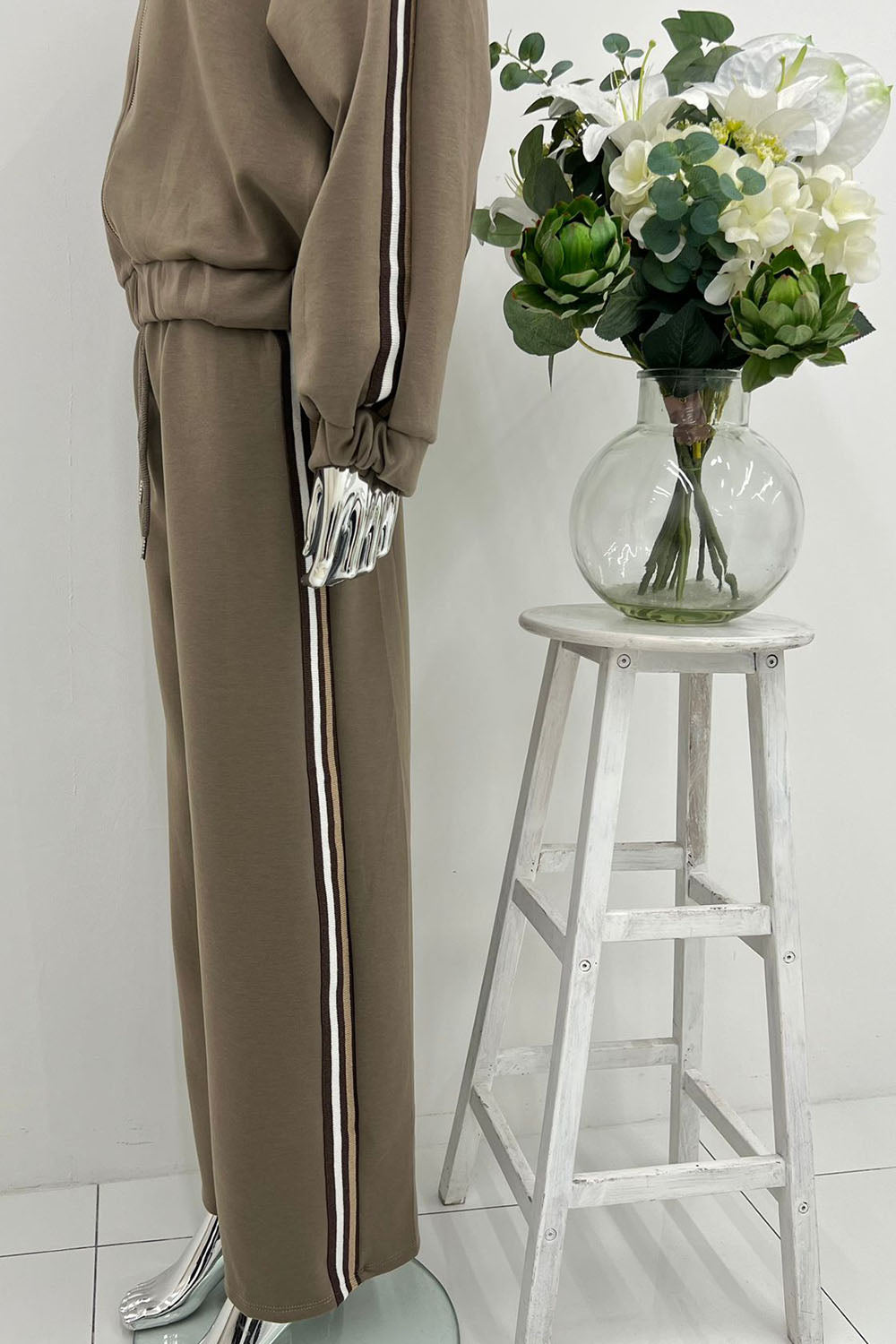 High Neck, Zip Through, Elasticated Cuff & Hem, Elasticated Waist, Drawstring & Stipe Detailed, Wide Leg Two Piece Set