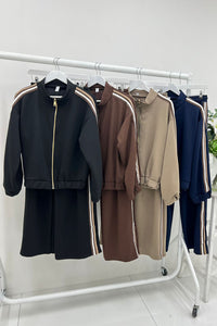 High Neck, Zip Through, Elasticated Cuff & Hem, Elasticated Waist, Drawstring & Stipe Detailed, Wide Leg Two Piece Set
