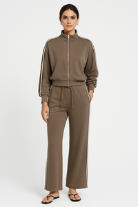 High Neck, Zip Through, Elasticated Cuff & Hem, Elasticated Waist, Drawstring & Stipe Detailed, Wide Leg Two Piece Set