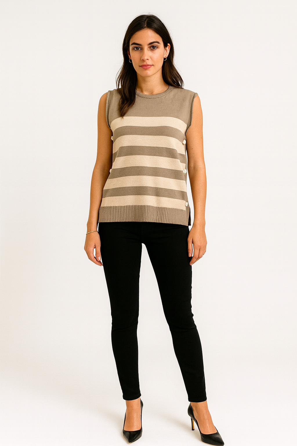 Round Neck, Golden Button Detailed, Knitted Stripe Top