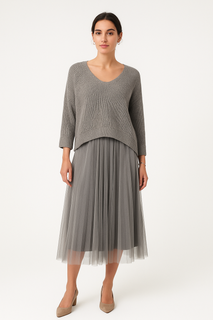 Pleated Tulle Midi with Sweater