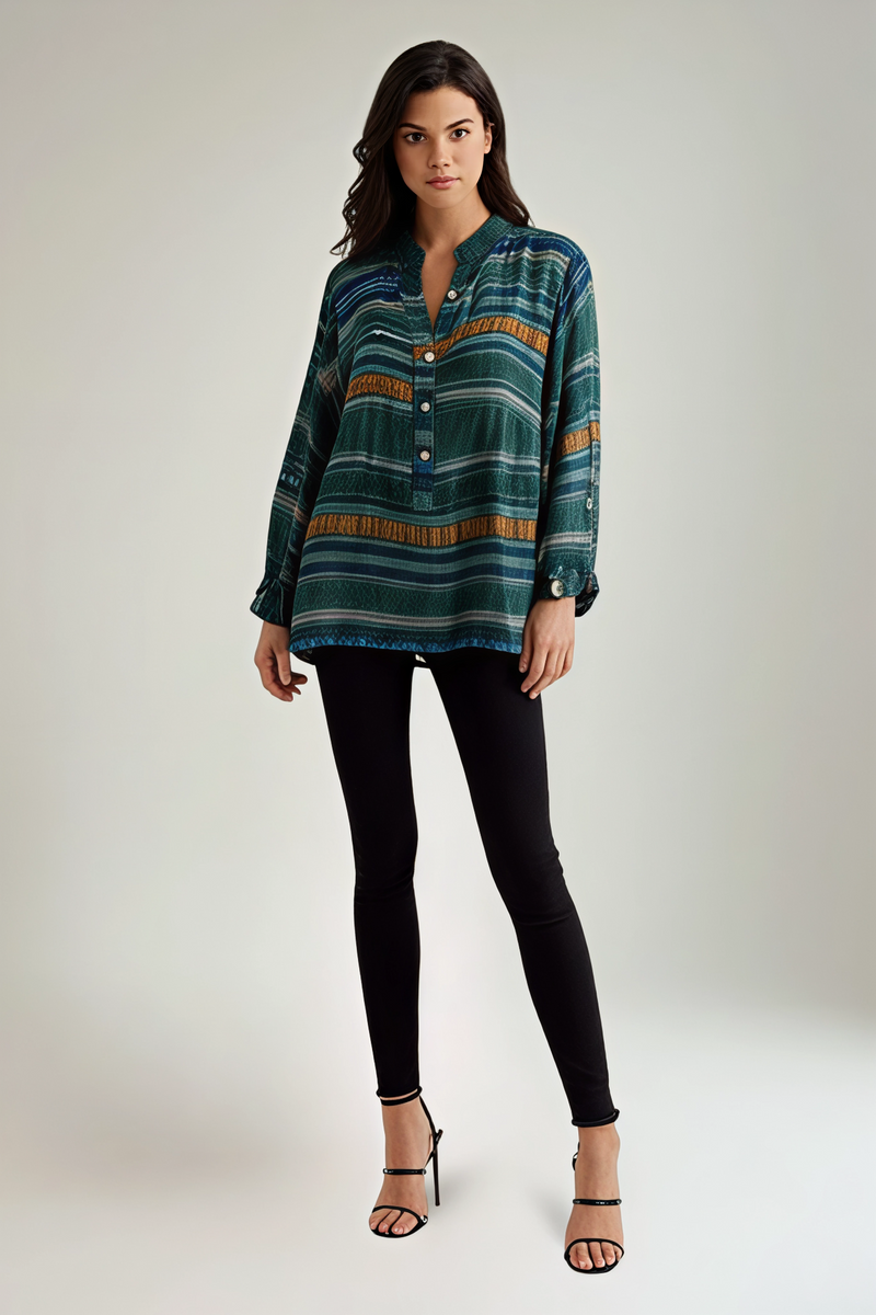 V-Neck, Button Detailed, 100% Cotton, Elasticated Cuff, Aztec Print Top.