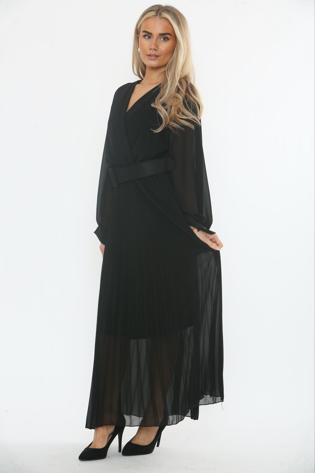 Sheer Pleated Belted Maxi Dress