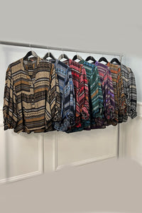 V-Neck, Button Detailed, 100% Cotton, Elasticated Cuff, Aztec Print Top.