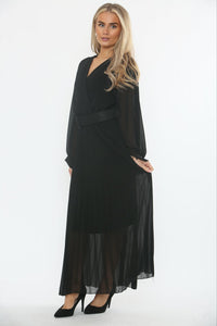 Sheer Pleated Belted Maxi Dress
