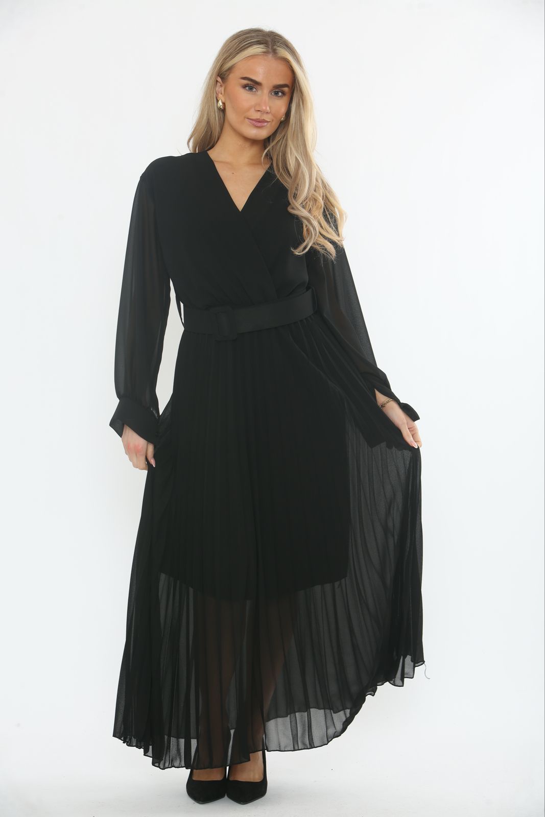 Sheer Pleated Belted Maxi Dress