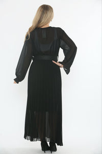 Sheer Pleated Belted Maxi Dress