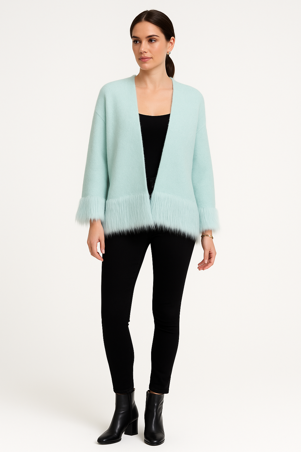 Fur Detailed, Mohair, Lana Wool &amp; Acrylic Knitted Cardigan