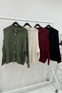 High Neck, Golden Button Through, Acrylic & Polymide Knitted Cardigan
