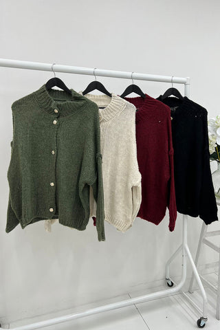 High Neck, Golden Button Through, Acrylic & Polymide Knitted Cardigan