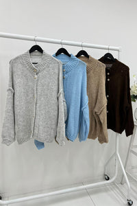 High Neck, Golden Button Through, Acrylic & Polymide Knitted Cardigan