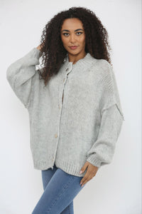 High Neck, Golden Button Through, Acrylic & Polymide Knitted Cardigan