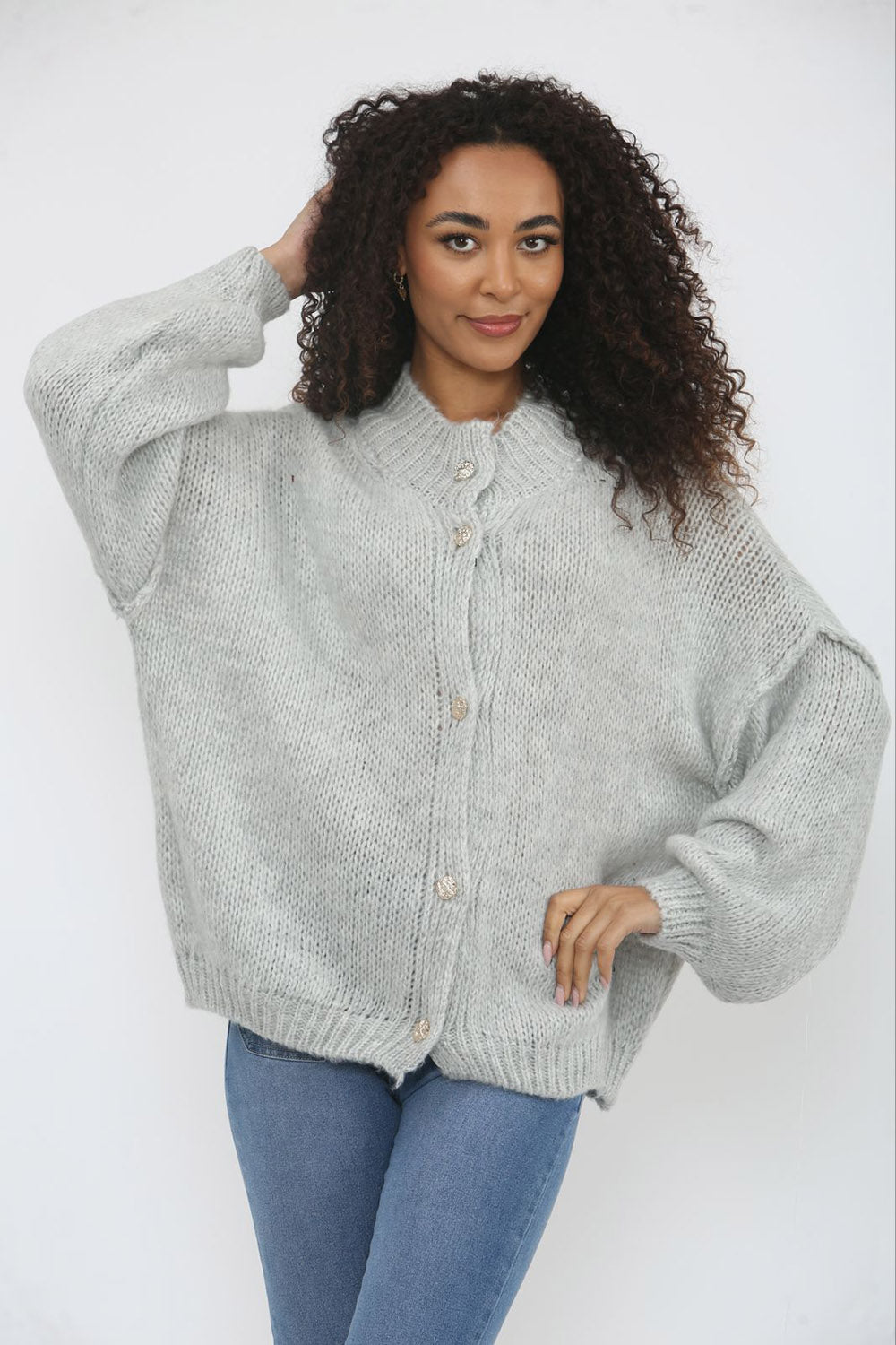 High Neck, Golden Button Through, Acrylic & Polymide Knitted Cardigan