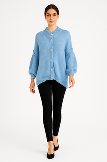 High Neck, Golden Button Through, Acrylic & Polymide Knitted Cardigan
