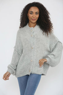 High Neck, Golden Button Through, Acrylic & Polymide Knitted Cardigan