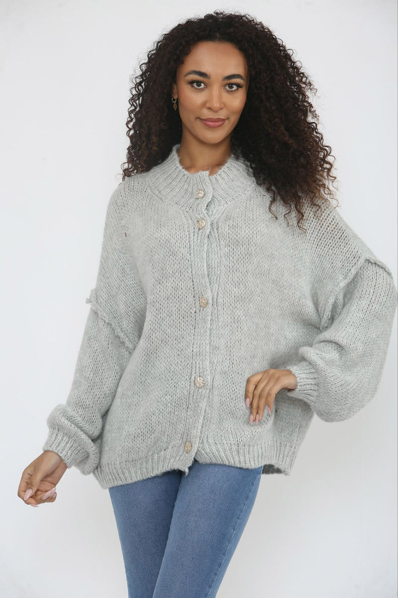 High Neck, Golden Button Through, Acrylic & Polymide Knitted Cardigan