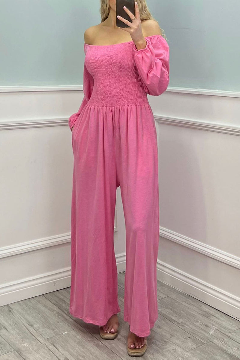Off The Shoulder, Elasticated Boobtube &amp; Cuff, Two Pocket, 100% Cotton, Wide Leg Jumpsuit