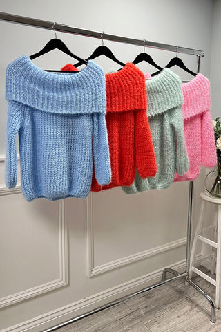 Off-Shoulder Fluffy Rib-Knit Sweater