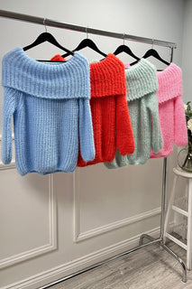 Off-Shoulder Fluffy Rib-Knit Sweater