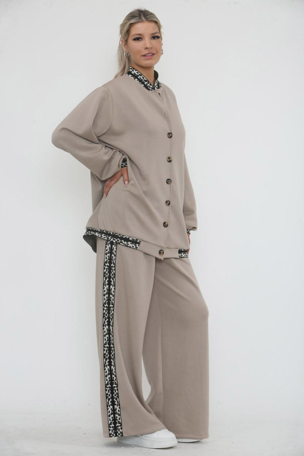 High Neck, Button Through, Leopard Lace Trim Detailed, Elasticated Waist, Wide Leg Two Piece Set