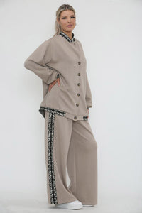 High Neck, Button Through, Leopard Lace Trim Detailed, Elasticated Waist, Wide Leg Two Piece Set