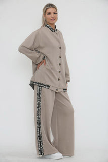 High Neck, Button Through, Leopard Lace Trim Detailed, Elasticated Waist, Wide Leg Two Piece Set