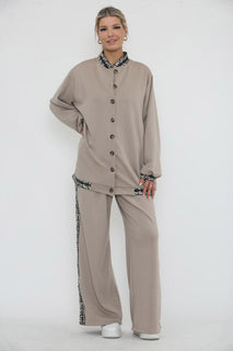 High Neck, Button Through, Leopard Lace Trim Detailed, Elasticated Waist, Wide Leg Two Piece Set