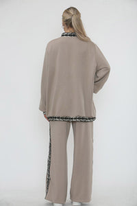 High Neck, Button Through, Leopard Lace Trim Detailed, Elasticated Waist, Wide Leg Two Piece Set