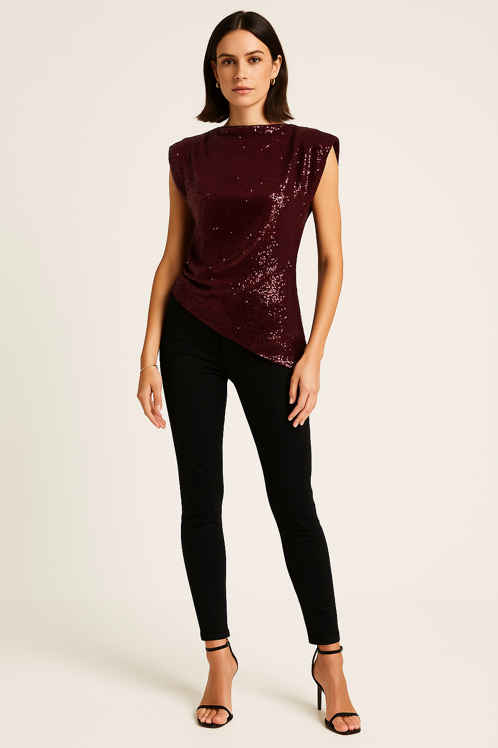Sleeveless sequin top with padded shoulders and an asymmetric drape hem